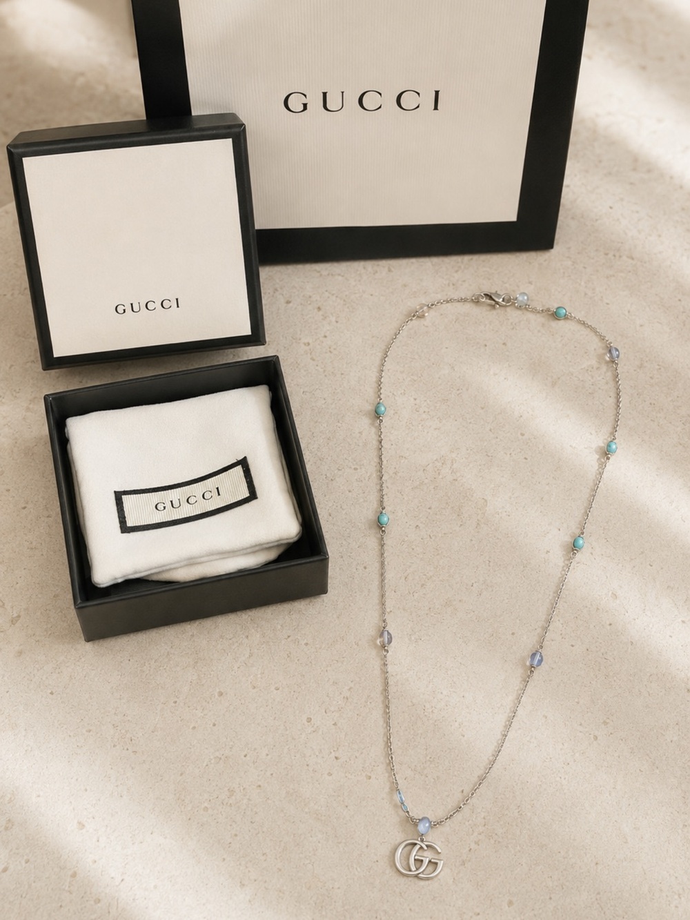 Gucci Silver Necklace with Turquoise Stations and GG Pendant